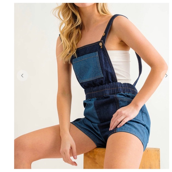 14 Retro Denim Color Block Suspender Romper - Picture 5 of 6